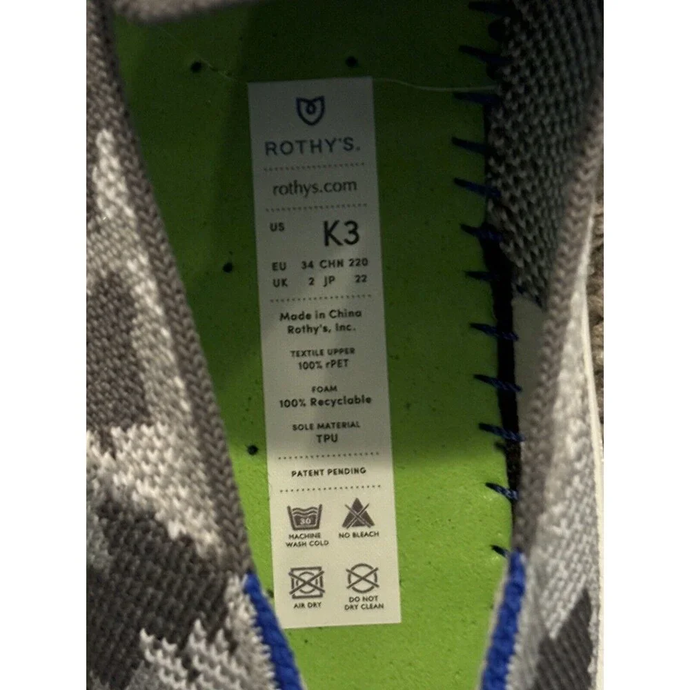 New Rothy's Size 3 Girls The Kids Sneaker‎ Gray Camo Textile Youth Comfort Shoes
